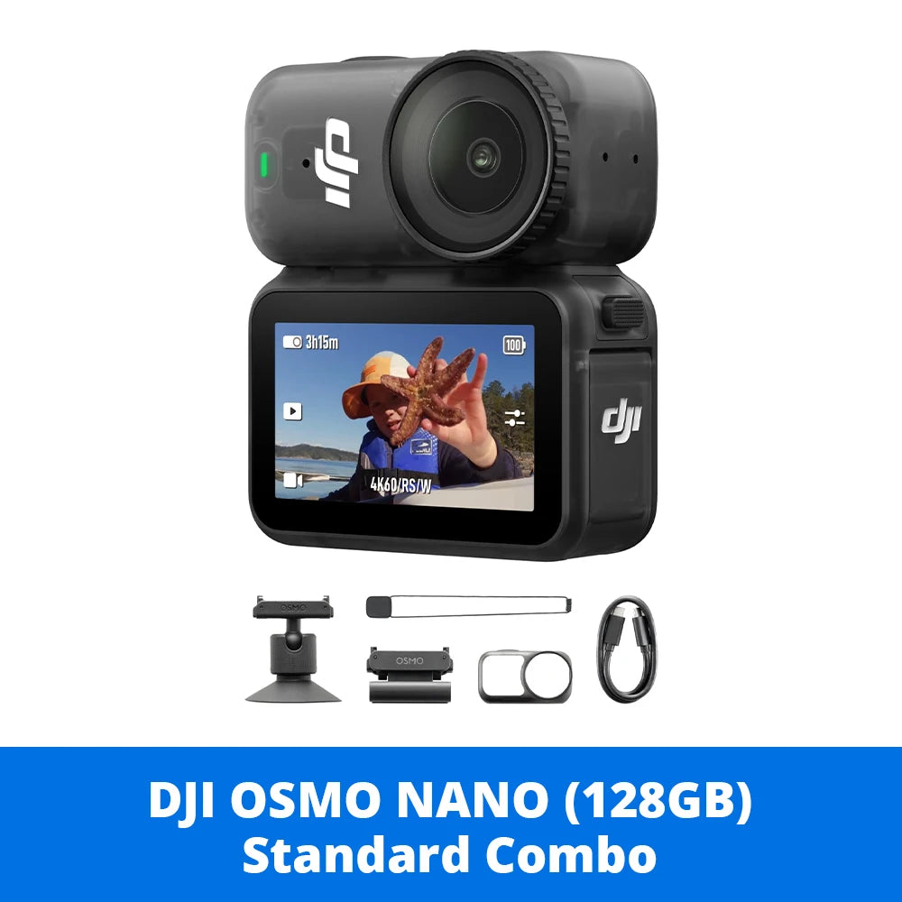 DJI Osmo Nano Digital Action Camera Standard Combo W/ 128GB & Optional Accessory 4K HDR Stabilized Video 10m Waterproof Dual Touch Screen Camera for Vlogging & Sports Camera
