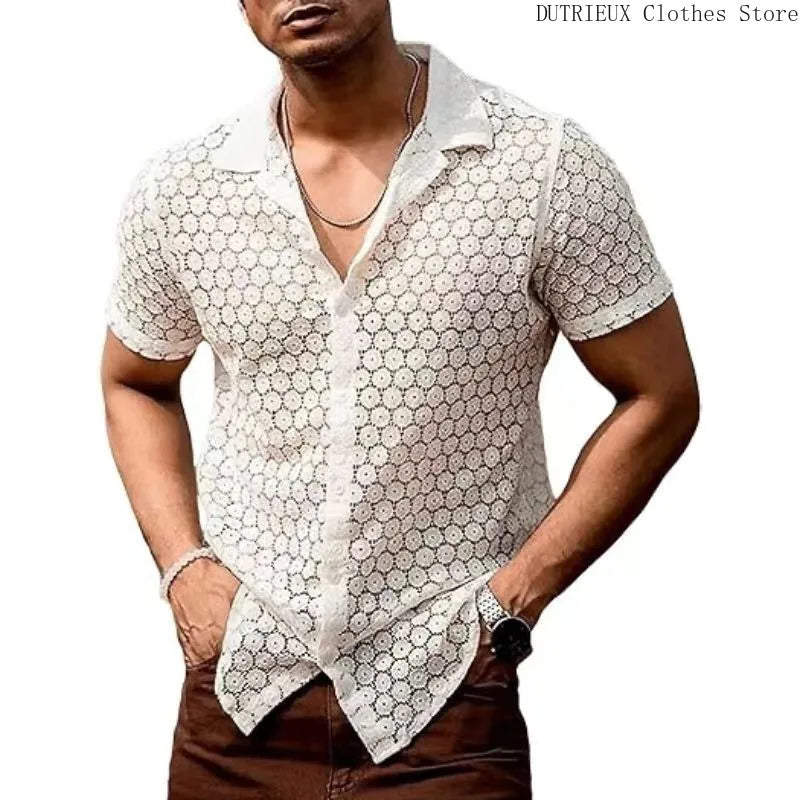 Spring/Summer Men's Fashion Lace Short-sleeved Shirt Party Club Sexy Hollowed-out See-through Shirt Casual Street Men's Clothing