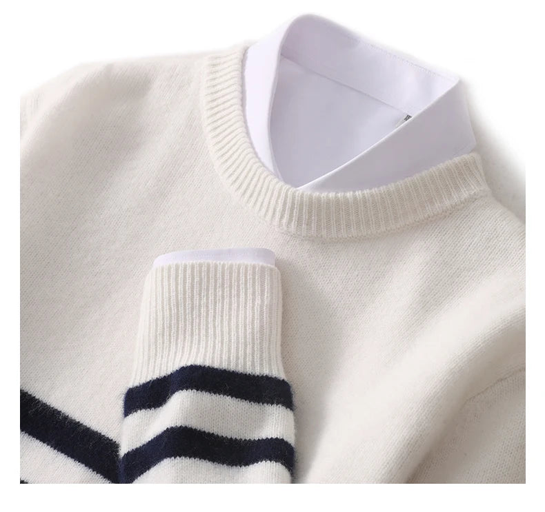 2024 Autumn/Winter New Round Neck 100% Pure Wool Sweater Men's Casual Loose Thick Sweater Striped Knitted Base Cashmere Sweaters