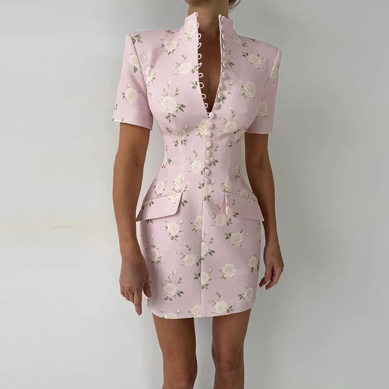 Sexy Print Women's Dress Multi Button Shoulder Pad Waist Cinching Package Hip Short Sleeved Dresses Fashion Summer Daily Wear