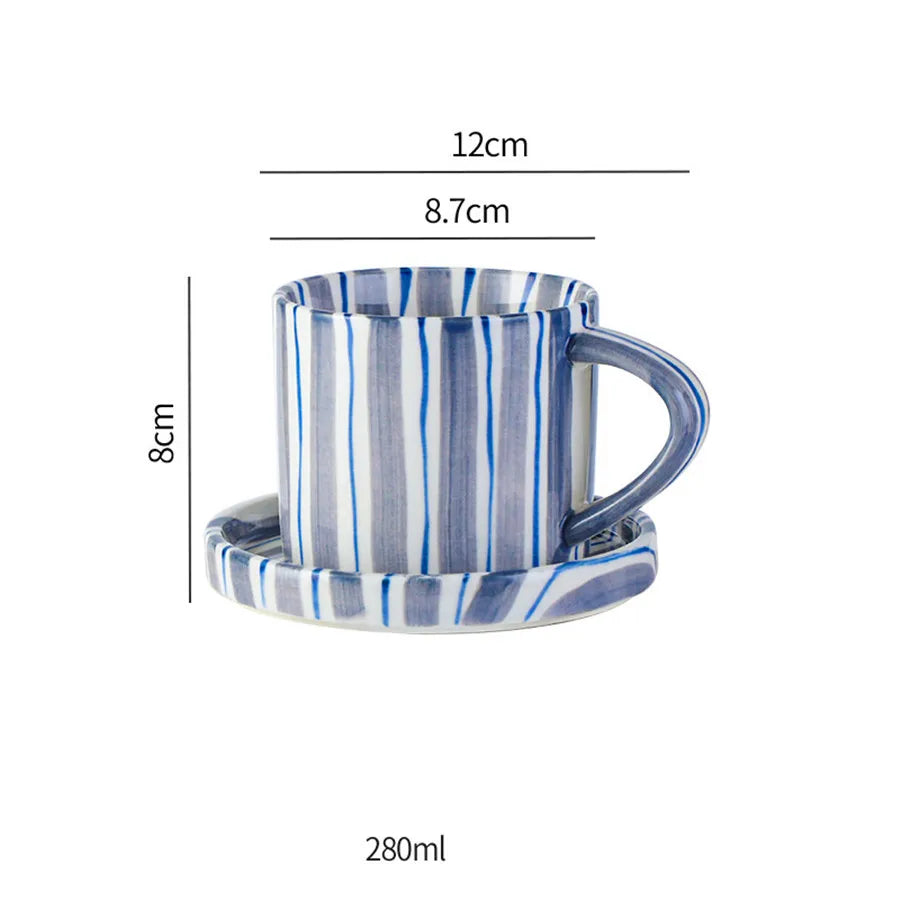 280ml/9.5oz afternoon tea coffee cup, Minimalist striped hand drawn cup and plate set, ceramic milk coffee cup, household drinki