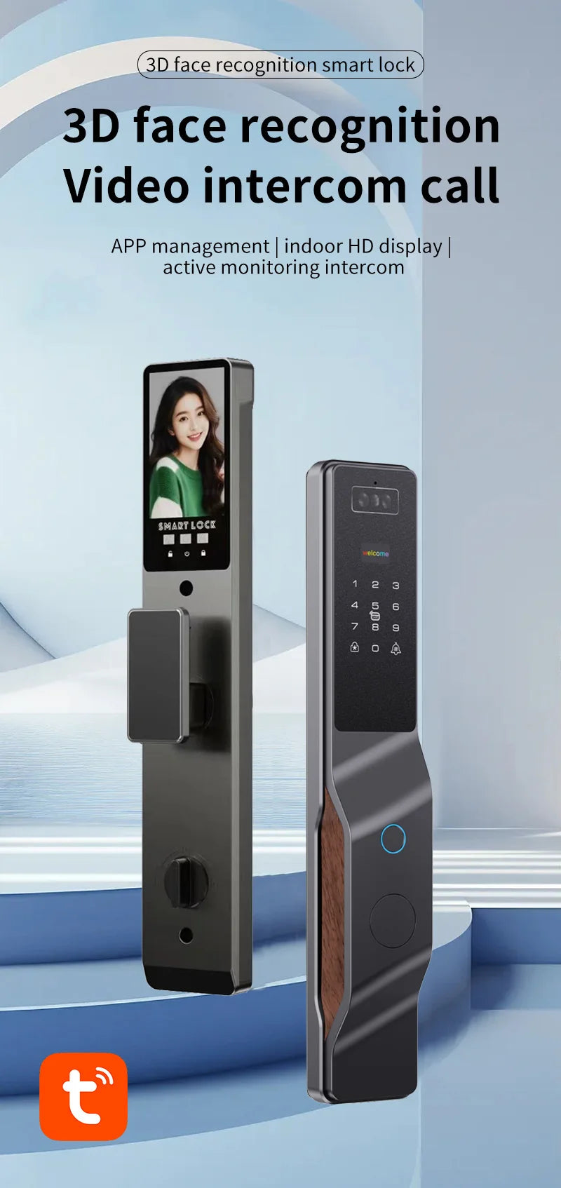 Tuya APP WIFI Remote Control Voice Intercom Smart Lock 3D Face Recognition Fingerprint Password Smart Door Lock With Camera