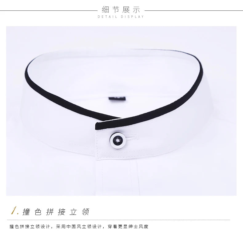 Men's Stand Up Collar Shirt Classic Round Neck Slim Fit Vertical Collar Long Sleeved White Shirt