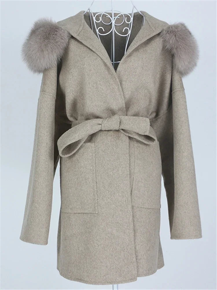 Real Fur Wool Outerwear Wool Blends Coat Natural Fox Fur Collar Hooded Cashmere Winter Jacket for Women Streetwear High Street