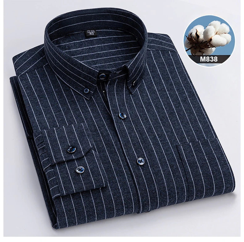 New in ShirtPlus Size 7XL 100% Cotton Sanding Long-Sleeve Shirts for Men Slim Fit Plain Shirt Striped Plaid Single Pocket Clothe