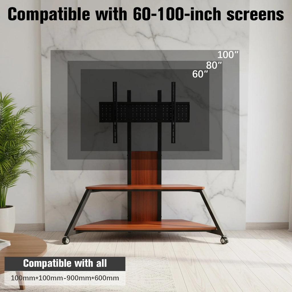 Rolling TV Stand for 60-100 Inch TVs Up To 220 Lbs with Wooden Shelves Rolling TV Floor Stand Height Adjustable Lockable Wheels