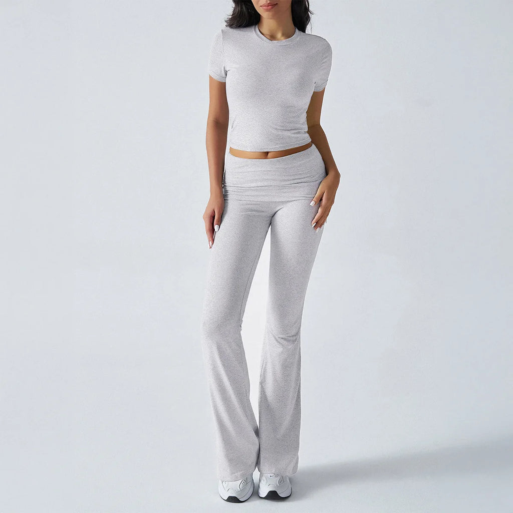 Women's Sexy Tops Suits 2026 Summer Latest Casual Solid Color Yoga Suit Slim Fit Sports Short Sleeved Pants Two-Piece Set Outfit