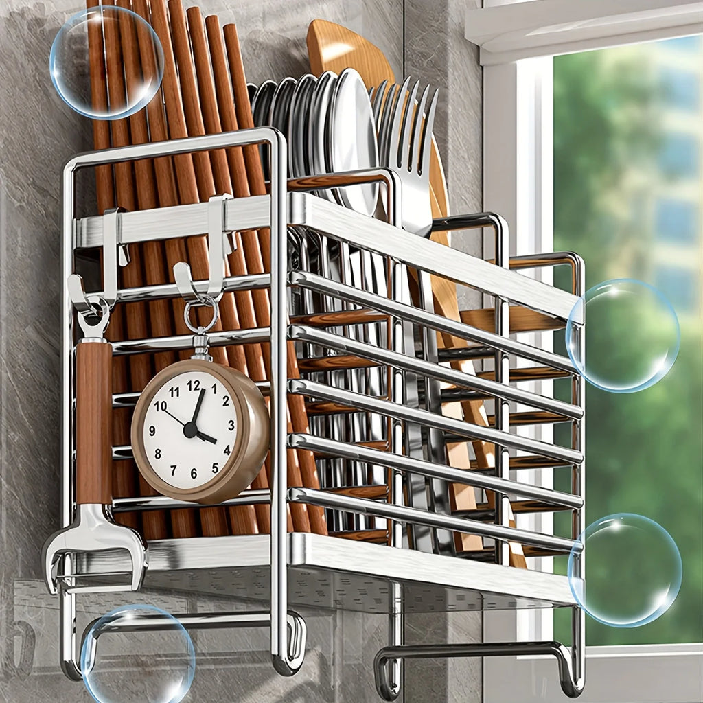 No-Drill Wall-Mounted Utensil Holder Stainless Steel Space-Saving Organizer For Kitchen Cutlery Ideal For Small Spaces
