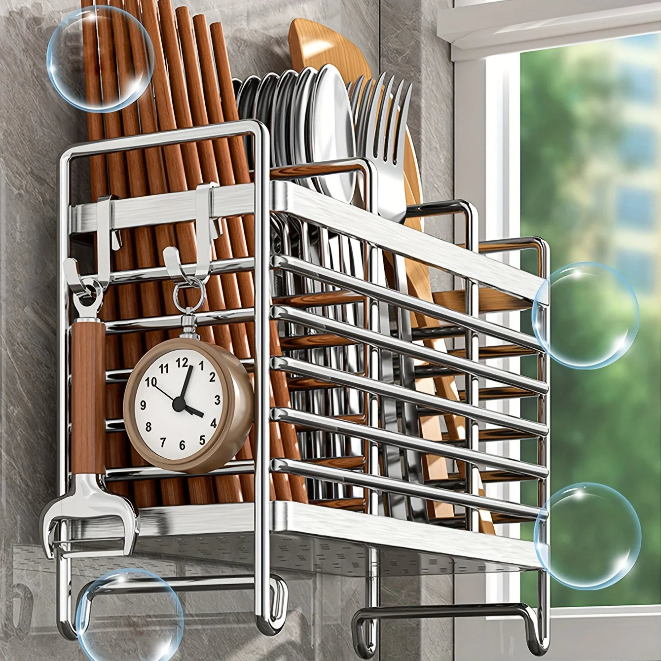 No-Drill Wall-Mounted Utensil Holder Stainless Steel Space-Saving Organizer For Kitchen Cutlery Ideal For Small Spaces