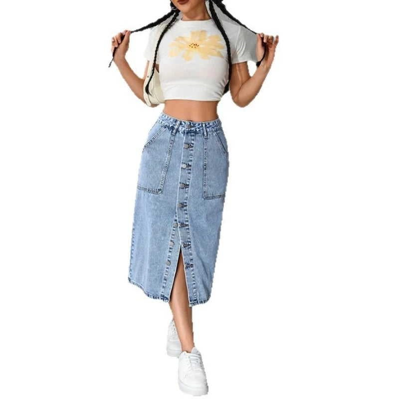 Tight Elastic Medium and Long Denim Slim Bottom Knee Split One Step Hip Wrap Skirt