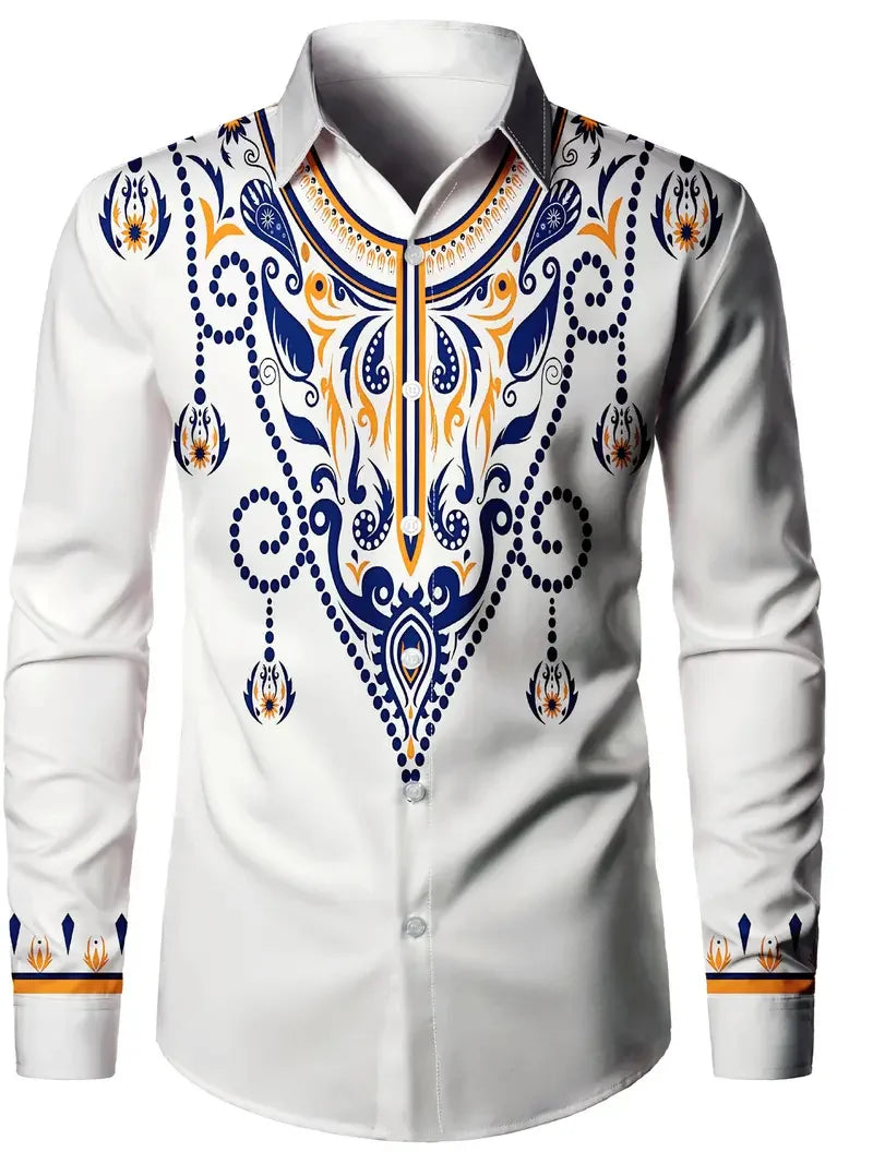 Navy Blue Sailing Shirt Anchor Pattern Casual Shirt Men Novelty Long Sleeve Flower Pattern Costume Hawaii