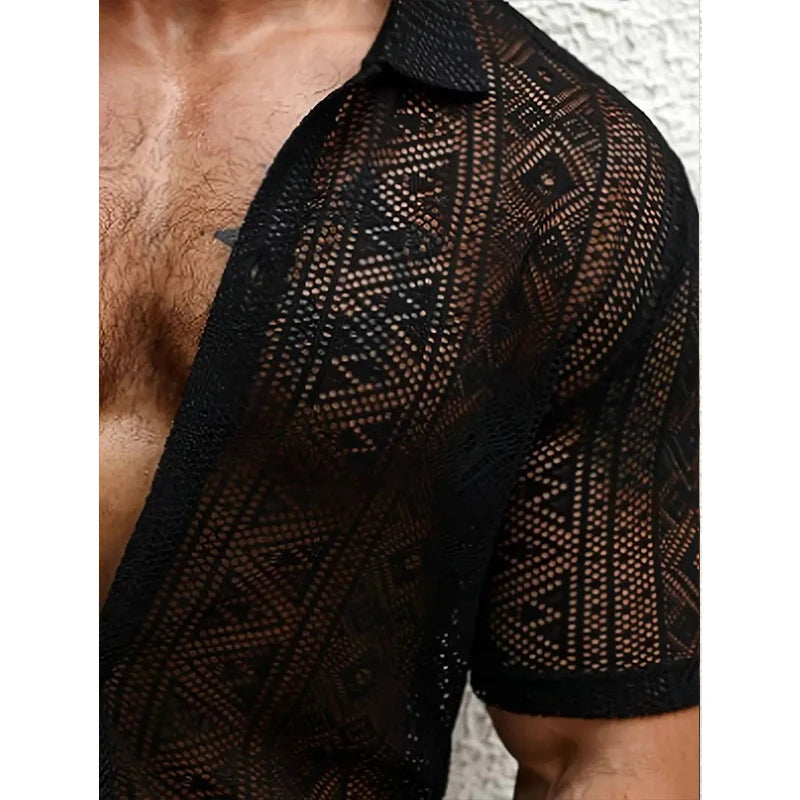 New Chic Men Sexy Lace Shirts Fshion See-through Button-down Short Sleeve Cardigan Tops Vintage Hollow Out Style Holiday Blouse