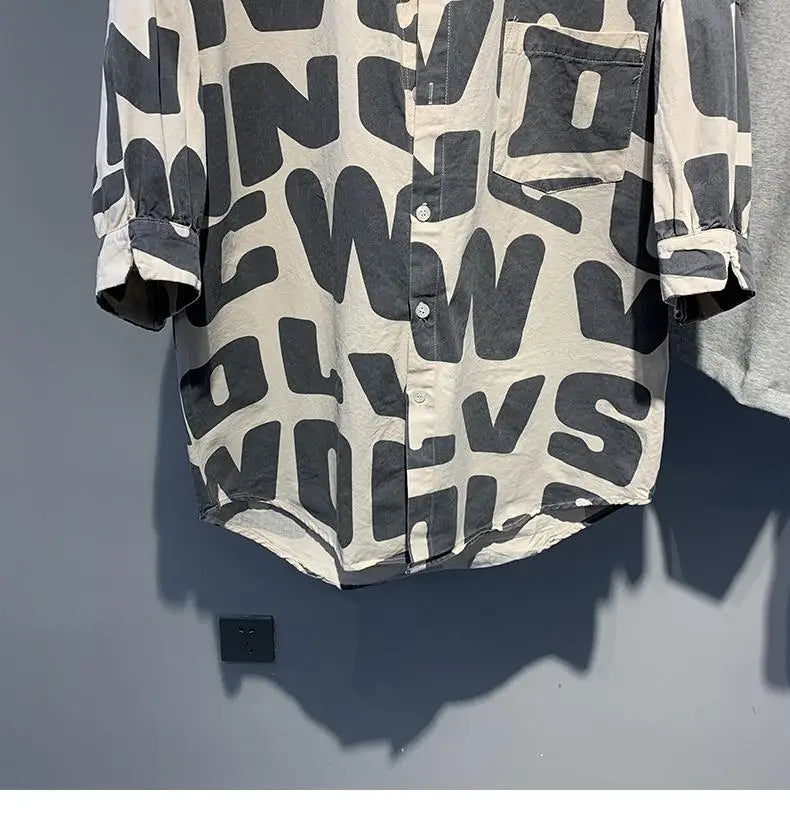 2024 Summer Trendy Men's Fashionable Lapel Full Body Letter Print High-end Versatile Casual Loose Oversized Short Sleeved Shirt