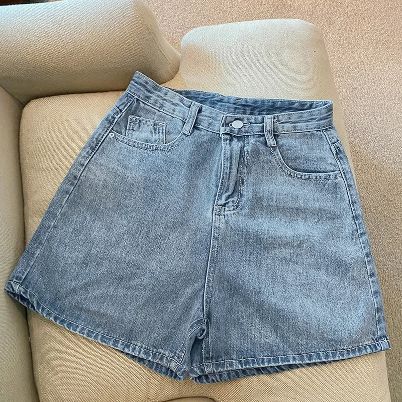 Women High Waist Denim Shorts Summer Chic Streetwear Female Casual Wide Leg Short Pants Solid Color Lady Loose Straight Shorts