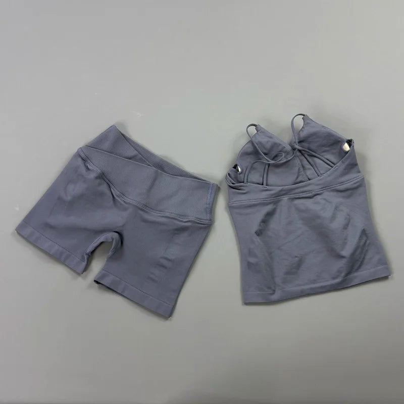 2Pcs Workout Shorts Set Women Cross Waist Scrunch Butt Shorts Tummy Control Racerback Tank Top Running Fitness Two Piece Suit