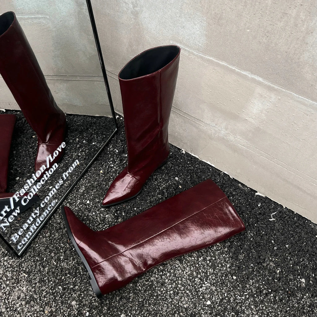 QUTAA 2025 News Women Knee High Boots Leather Wedge Heels Autumn Shoes Pointed Toe Woman Winter Party Lady Long Boots Size 34-40
