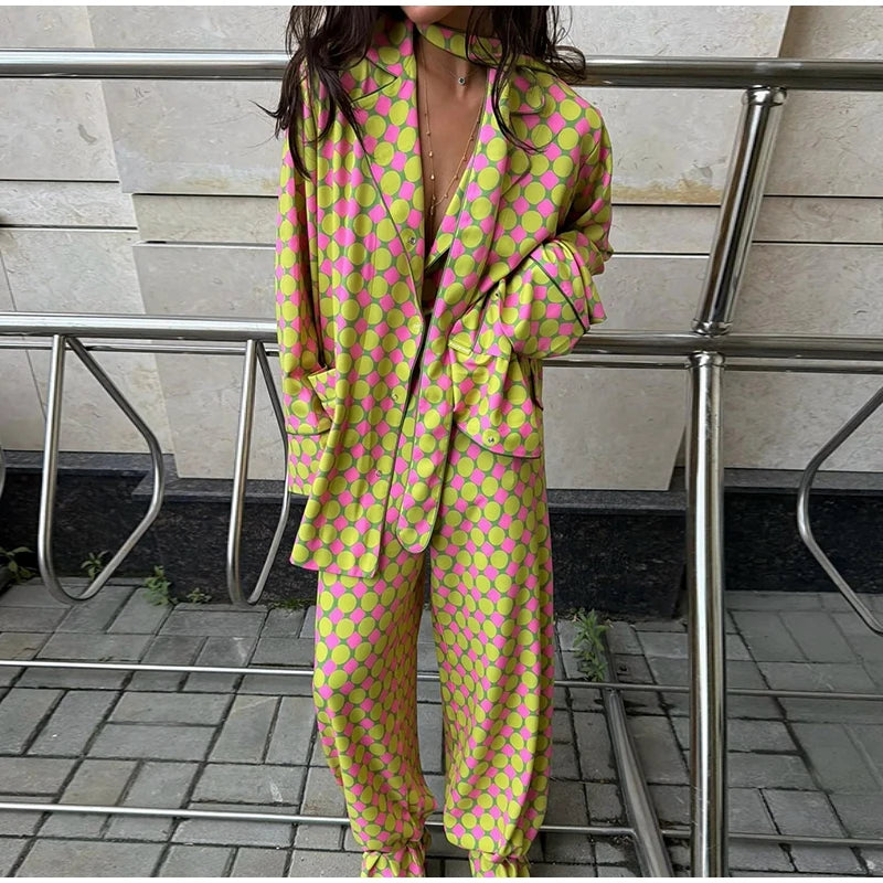 Vintage Polka Dot Women's Pants Sets 2 Pieces Tie Lapel Full Sleeve Blouses Loose Wide Leg Pant 2026 Autumn Lady Vacation Suits