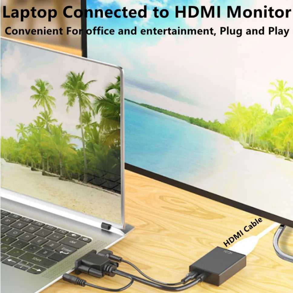 HD 1080P VGA to HDMI Adapter Cable With 3.5mm Audio Output + USB Powered VGA to HDMI Converter for PC Laptop to HDTV Projector