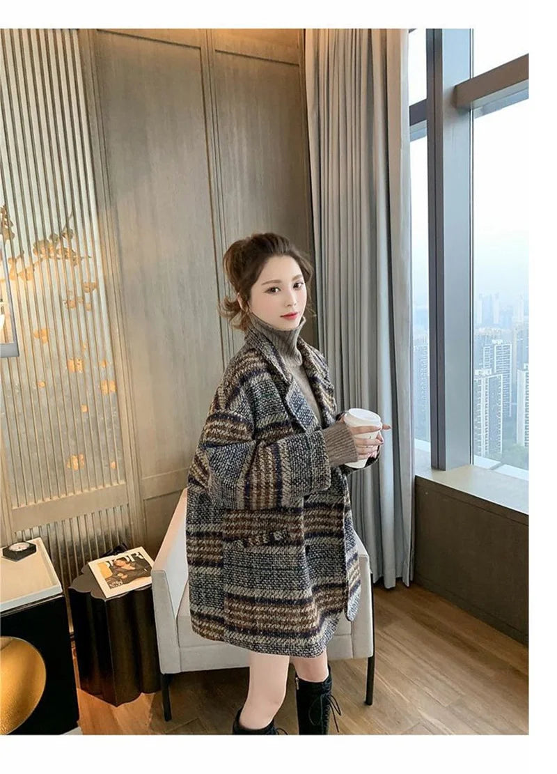 Vintage Fashion Commuter Plaid Medium Long Woolen Coat Women 2023 Spring Autumn New Korean Loose and ComfoRtable Appear Thin