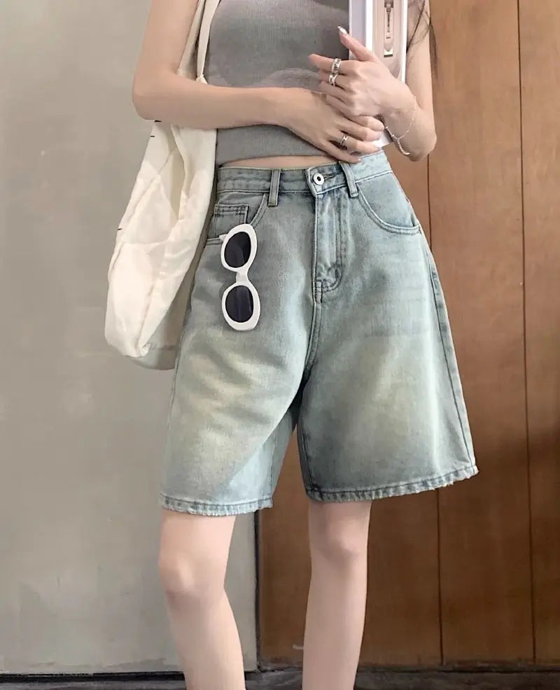 Denim Shorts Vintage High Waist Loose Fit Distressed Design Ins Style Sweet Spicy Girls All-match Casual Summer Streetwear Y2k