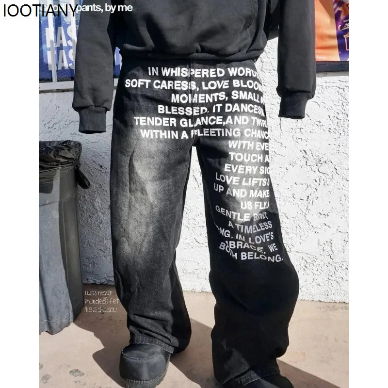 Vintage Letter Printed Women's Men's Jeans Y2k Harajuku Washed Wide Leg Jeans Loose Hip Hop Street Style Casual Mopping Pants