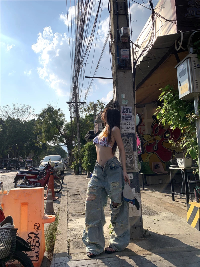 Benuynffy Bf Style Ripped Heavy Industry Straight Jeans Women's Do old High Waisted Y2K Streetwear Loose Wide Leg Trousers