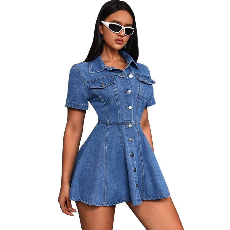 GLCMYAYA Fashion Vintage Women Street Denim Mini Dress 2025 Fall Short Sleeve Single-breasted Sexy Party A-Line Dresses Vestidos
