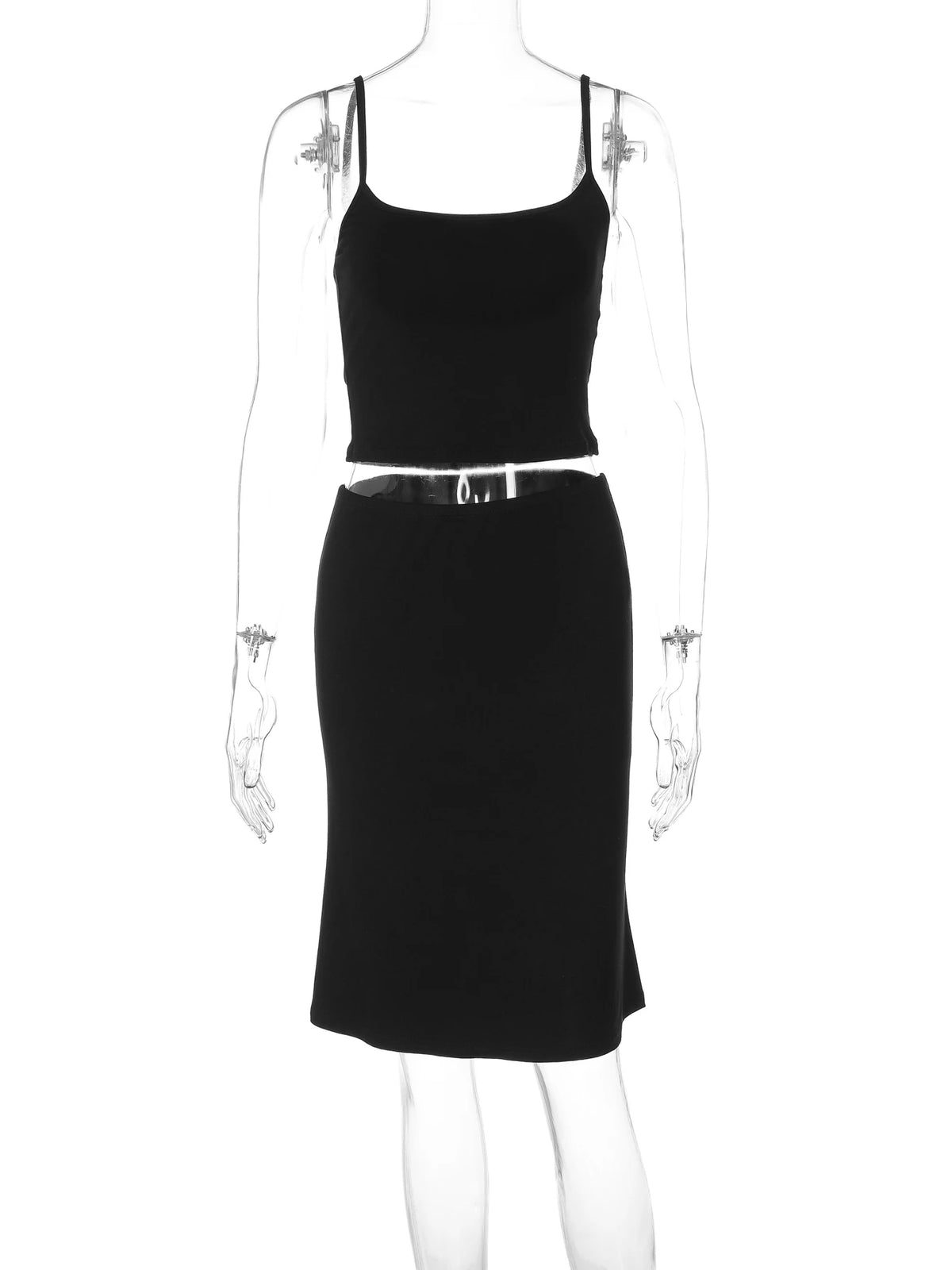 Hugcitar Casual 2 Piece Sets Solid Slips Backless Sexy Crop Camis Top Midi Skirt Women Summer Outfits Party Holiday Club