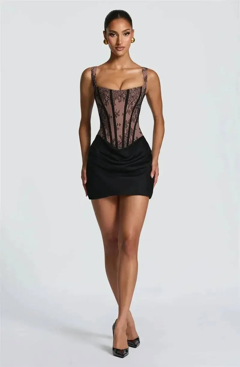 Lace Corset Mini Dress Women Square Neck Wide Strap Ruched Satin Bodycon Short Dress Club Party Cocktail Vestidos
