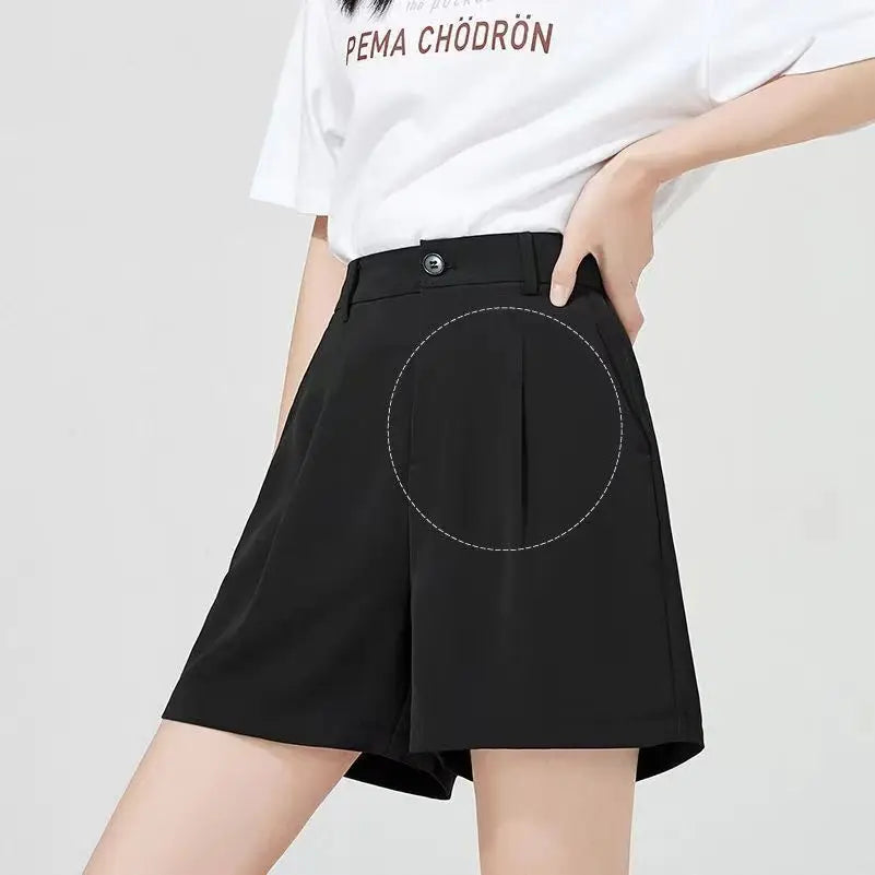 Suit Shorts Women Wear Loose Waist Tight Waist High Thin Loose Straight Leisure A -line Wide -legged Female Three -point Pants