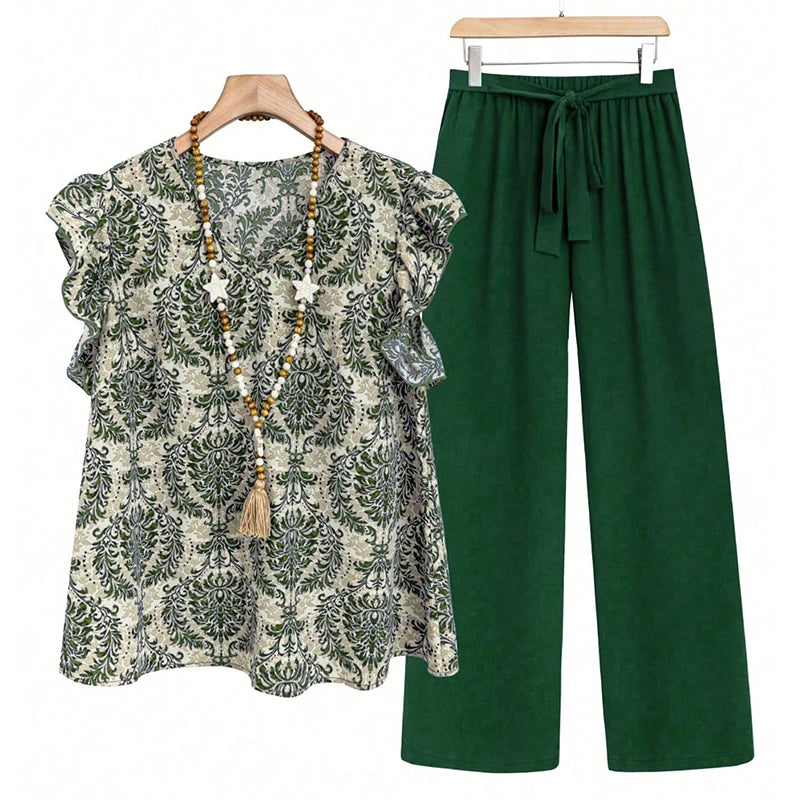 Summer Women Casual Two Piece Sets Vintage Printed Short Sleeve Loose Shirt High Waist Drawstring Pants Women Homewear