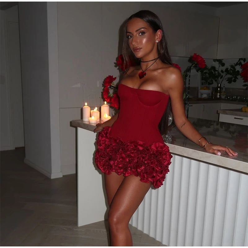 3D Flower Strapless Dresses Women Sexy Backless Sleeveless Tube Mini Dress 2026 Summer New Lady Elegant Bandage A-line Vestidos