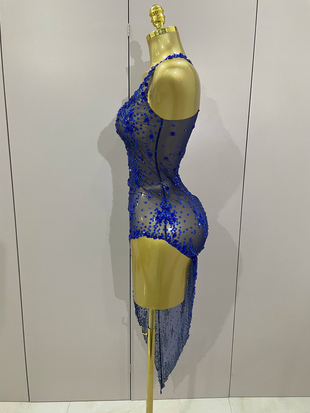 2025 New Sparkly Rhinestone V Neck Stretch Mesh Sexy See Through Dress Women Elegant Party Celebrate Perform Costume Stage Outfi