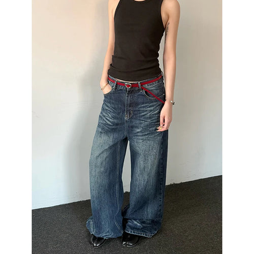 2025 Spring Vintage 2000s Loose Washed Do Old Wide Leg Pants Women's Harajuku Casual Jeans Y2K Baggy Blue Denim Trouser