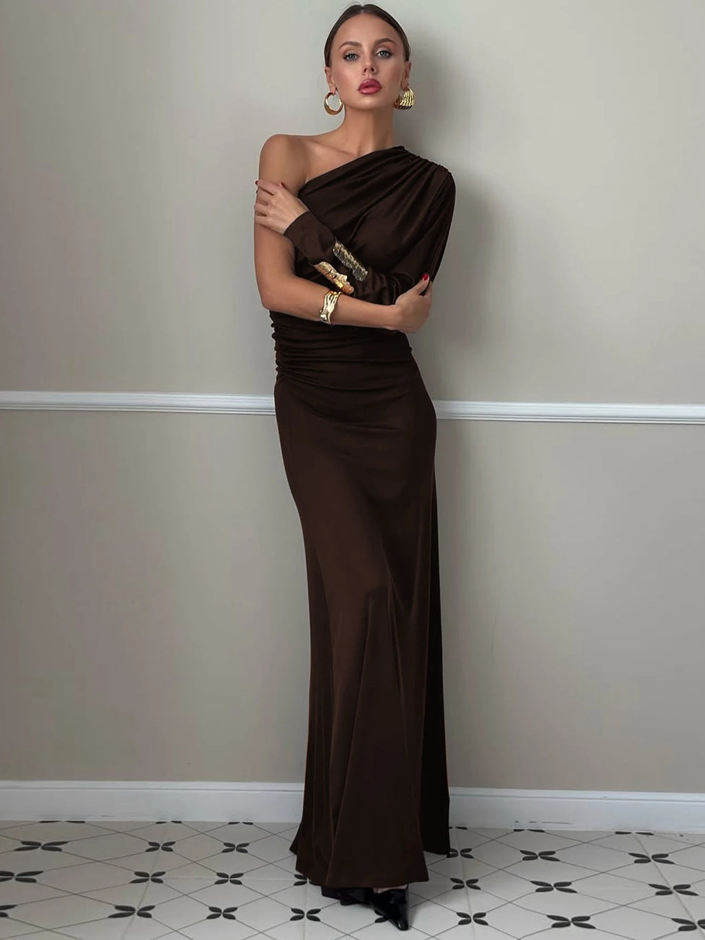 Dulzura One-Shoulder Long Sleeve Slim Fit Ruched Long Dress Women'S Solid Sexy Elegant Clothes Evening Party Club Autumn Clothes
