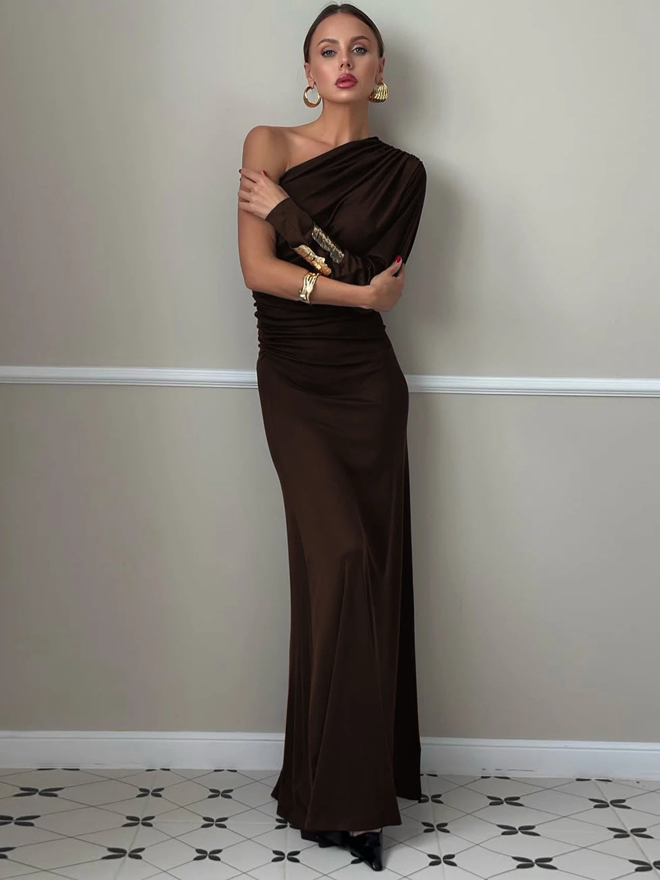 Dulzura One-Shoulder Long Sleeve Slim Fit Ruched Long Dress Women'S Solid Sexy Elegant Clothes Evening Party Club Autumn Clothes