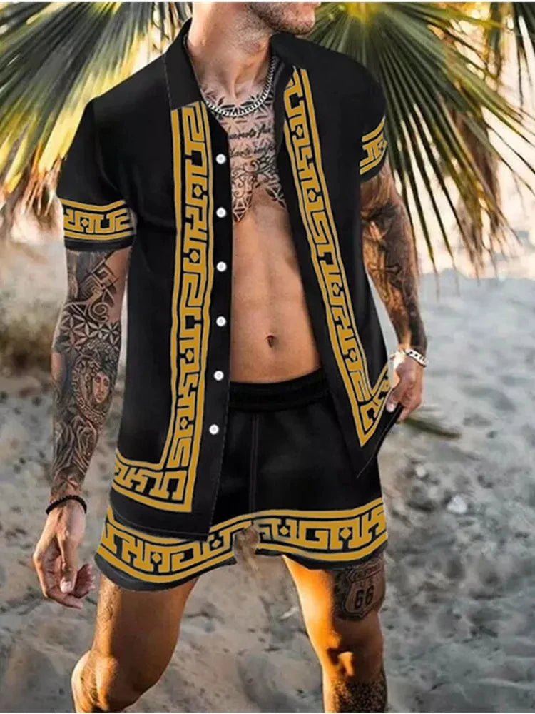 2024 Summer Men's Fashion Leopard Print Short Sleeve Shirt And Shorts Set Beach Style T Shirt Breathable Shorts Two Piece Set