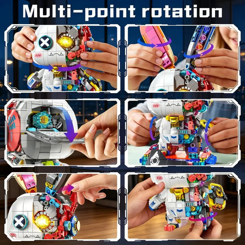 KAVOWORLD 1377PCS Robot Rabbit Building Blocks Set LED Light Up Multi-Point Rotatable Detachable Base DIY Cyberpunk Mecha Building Rabbit Bricks Kit Mechanical Bunny Construction Toy for Home Office Desk Decor Christmas Birth