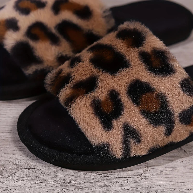 Fashion Leopard Print Fur Slippers for Women Open Toe Soft Sole Furry House Shoes Woman Winter Warm Comfort Indoor Home Slippers