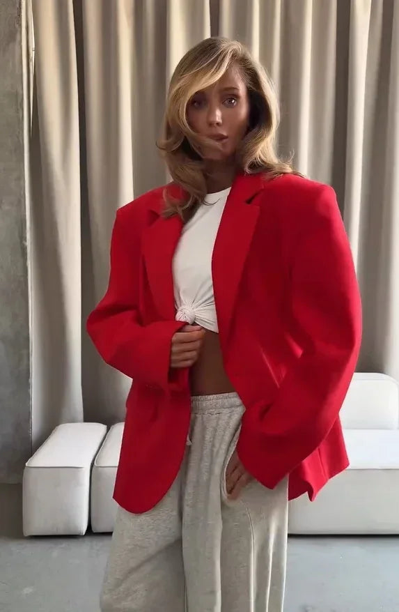 Women Solid Lapel Short Blazer Jackets Fashion Long Sleeve Single Button Loose Fited Suit Coat 2026 Autumn Daily Street Outwear