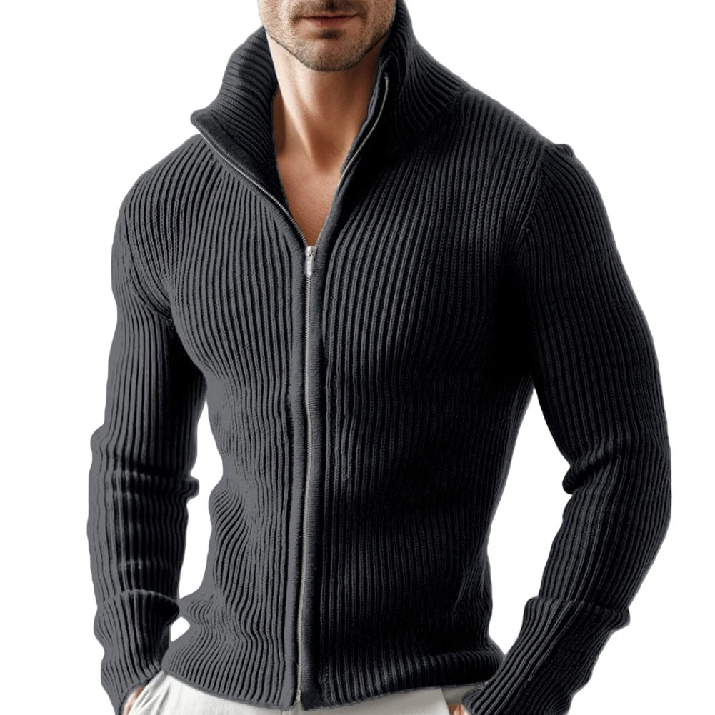 Men Full Zip Stand Collar Cardigan Sweater Knitted Thick Warm Outerwear Jacket for Daily Casual and Outdoor Wear in Cold Weather