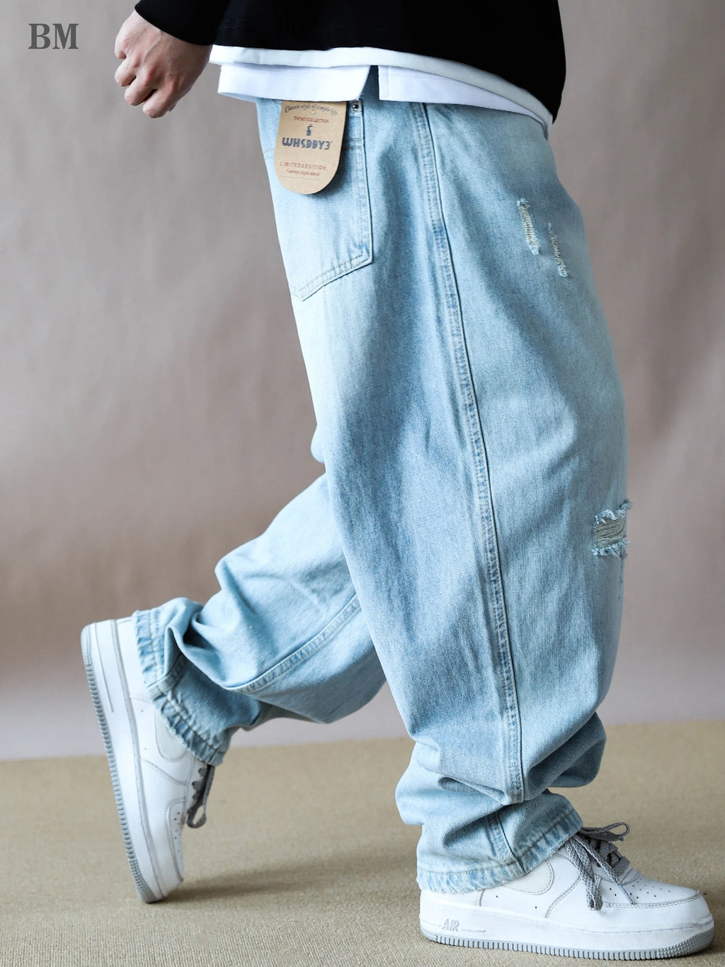 Mens Jeans American Vintage Light Blue Washed Distressed Ripped Patch Baggy Loose Curved Tapered Denim Pants Streetwear Hip Hop