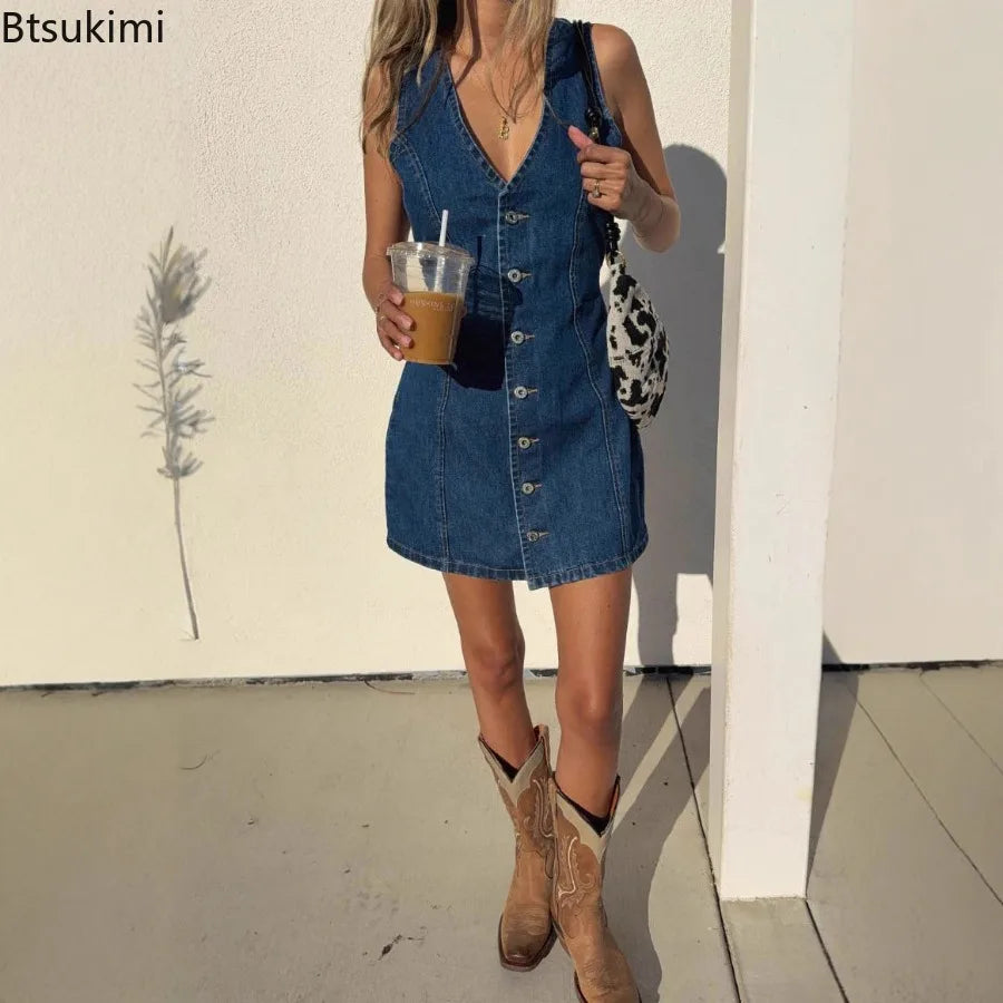 Women's Retro Spicy Girl Design Sleeveless Denim Dress Spring Summer Washed Denim Short Skirt High Waist V-neck Dress for Women