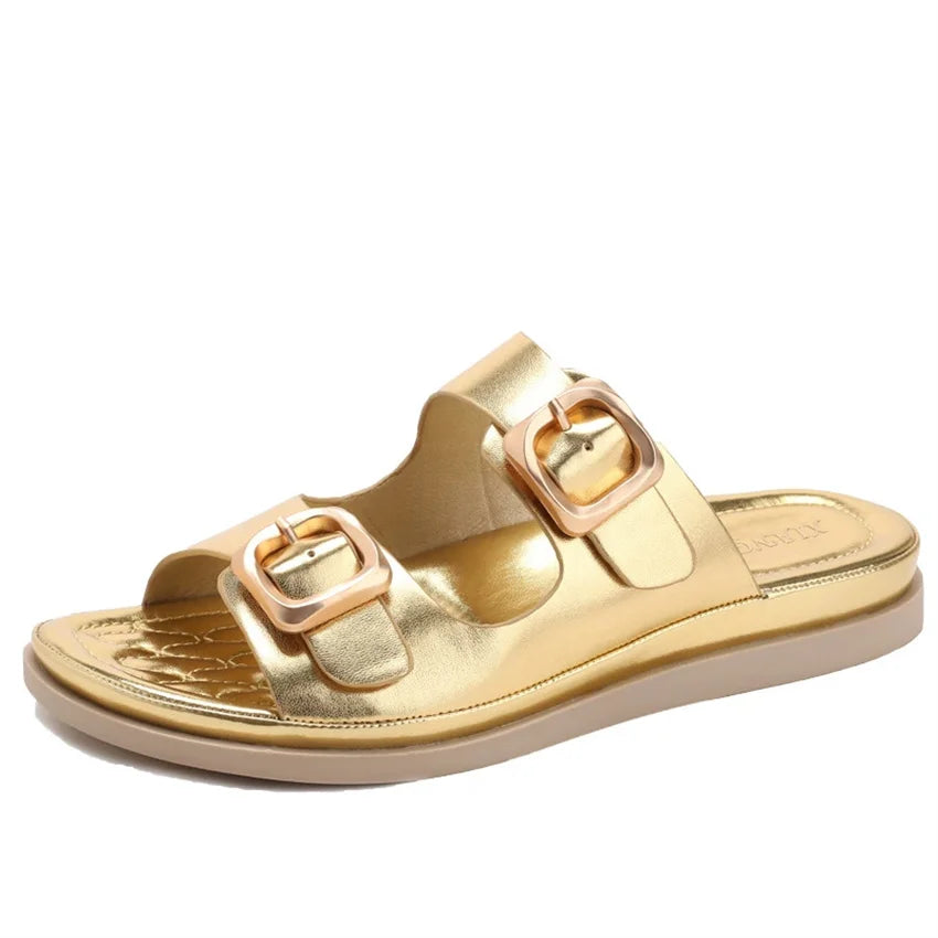 Casual Slippers Women PU Leather Open Toe Double Buckle Flat Summer Outdoors Non-Slip Soft Soles Slip On Beach Footwear Slippers