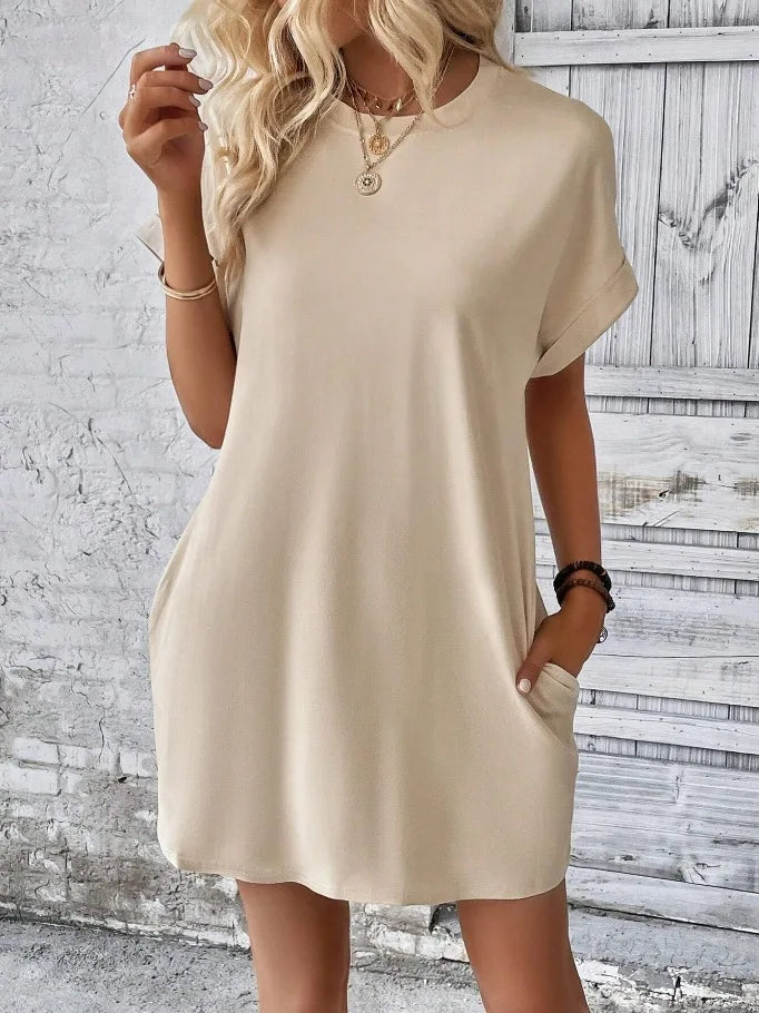New women's spring and summer fashionable temperament casual commuting solid color round neck loose short sleeved pocket dress