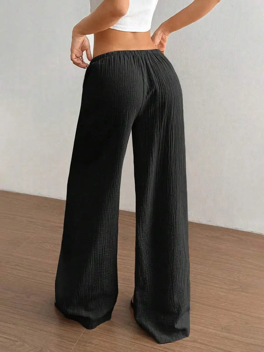 Women's Elegant Versatile Elastic Waist Comfortable Casual Pant Slightly Elastic Simple Solid Color High Waist Wide-leg Pants