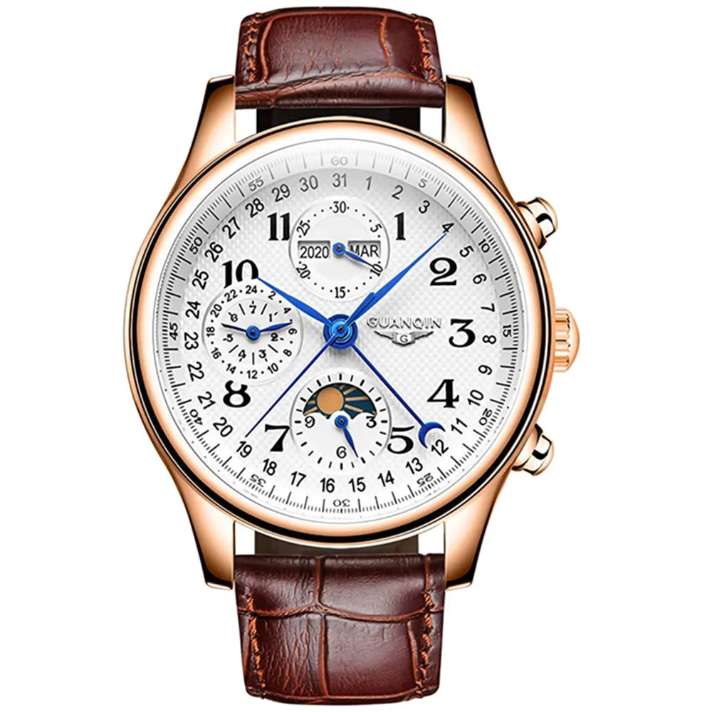 GUANQIN Leather Steel Mechanical Sapphire Men Watches Top Brand Luxury Waterproof Automatic Wristwatch Calendar Moon Phase