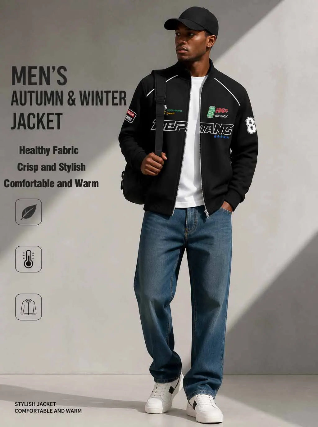 Men's pilot jacket with zipper pocket, casual baseball collar, outdoor sports pilot jacket