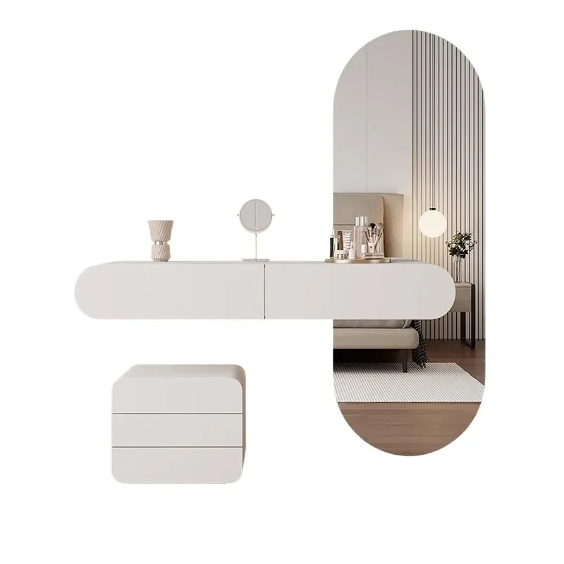 Cream Wall Mounted Dresser with Mirror Modern Minimalist Bedroom Makeup Vanity Floating Storage Console Table