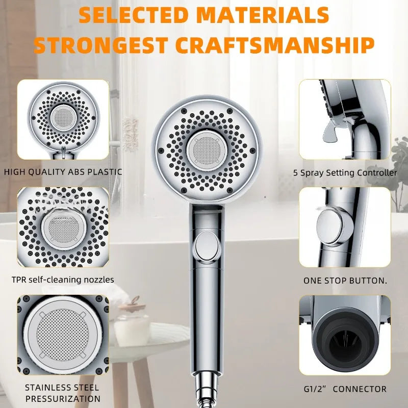 5 Spray Modes Shower Head with One Touch Button Large Water Outlet Nozzles High Pressure Showe Head for Bathroom Accessories